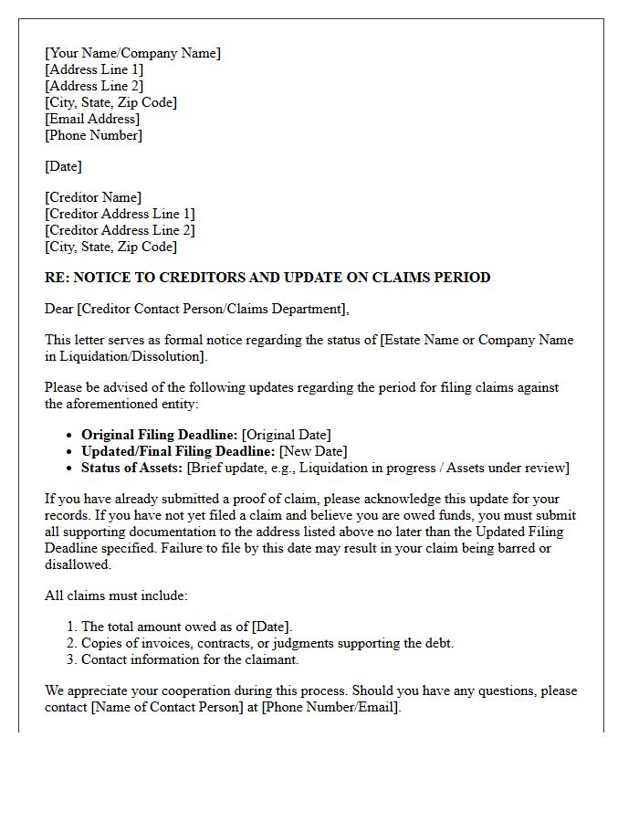 Creditor Notice and Claims Period Update Letter