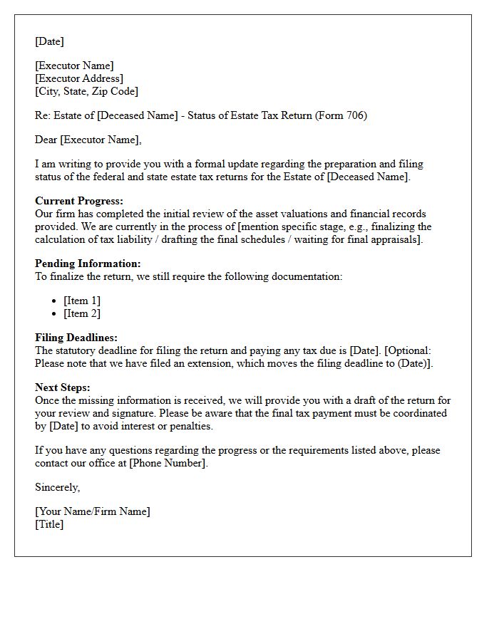 Estate Tax Return Preparation and Filing Update Letter