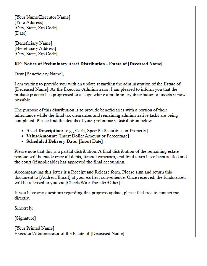 Preliminary Asset Distribution Progress Letter