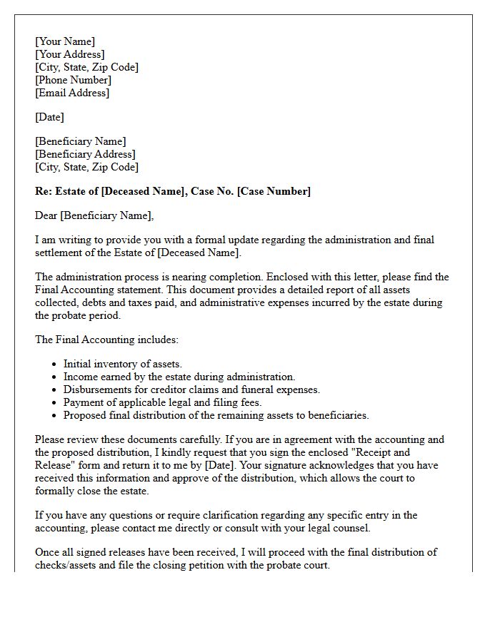 Final Accounting and Estate Settlement Update Letter