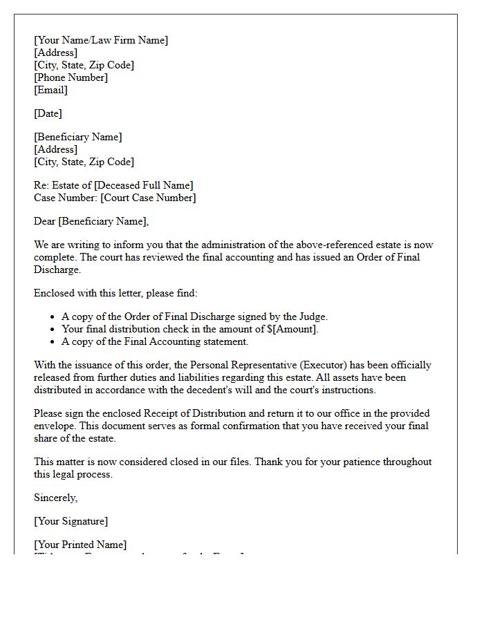 Probate Administration Closure and Final Discharge Letter
