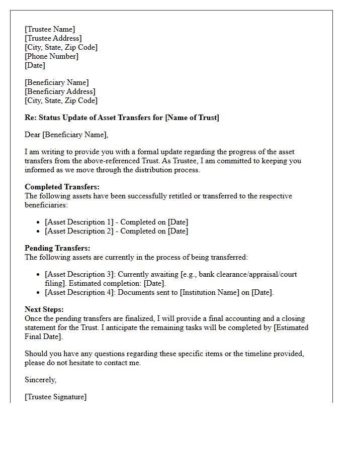 Trustee Trust Asset Transfer Progress Letter