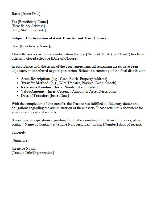 Closed Trust Asset Transfer Confirmation Letter