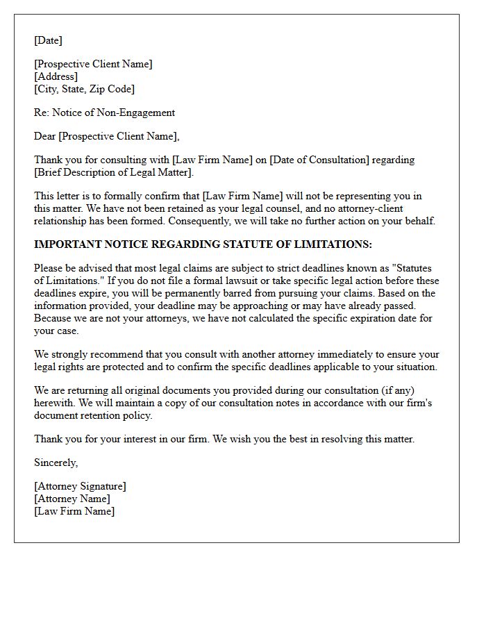 Post-Consultation Statute of Limitations Warning Non-Engagement Letter