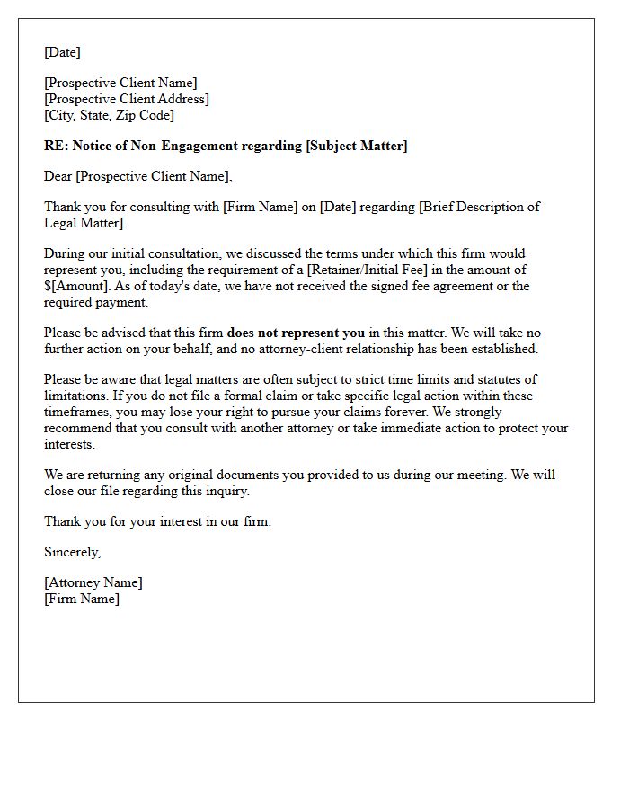 Unmet Fee Agreement Post-Consultation Non-Engagement Letter