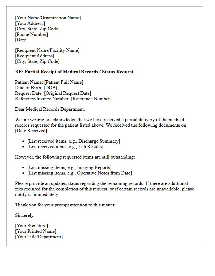Partial Receipt of Medical Records Retrieval Status Letter