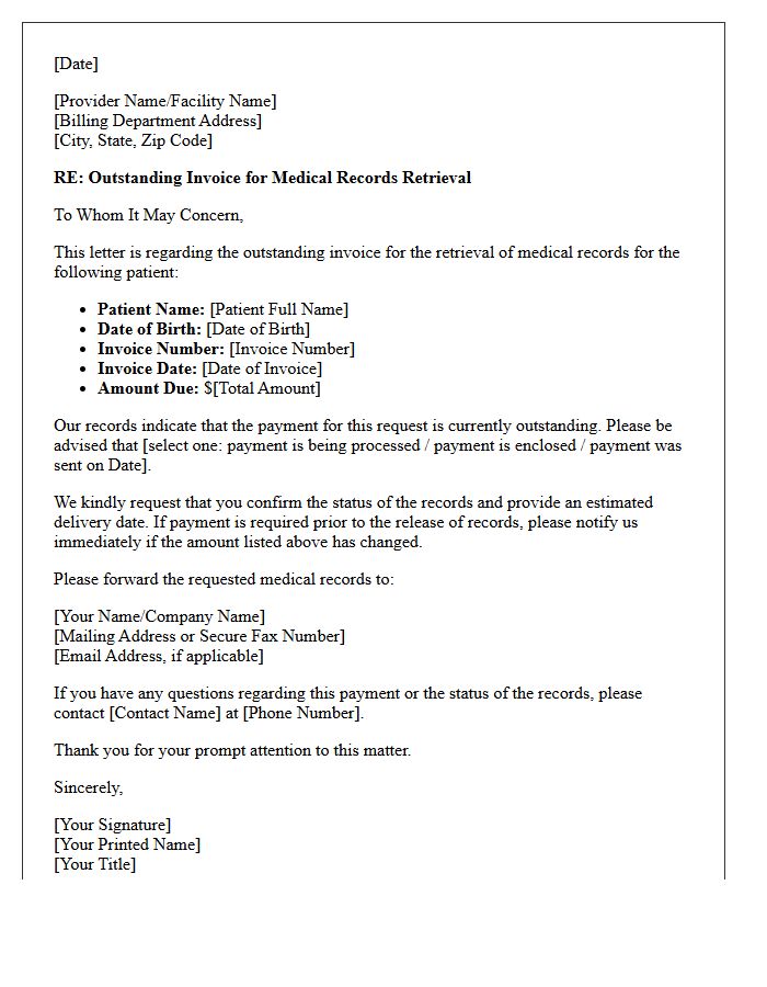 Outstanding Invoice Medical Records Retrieval Status Letter