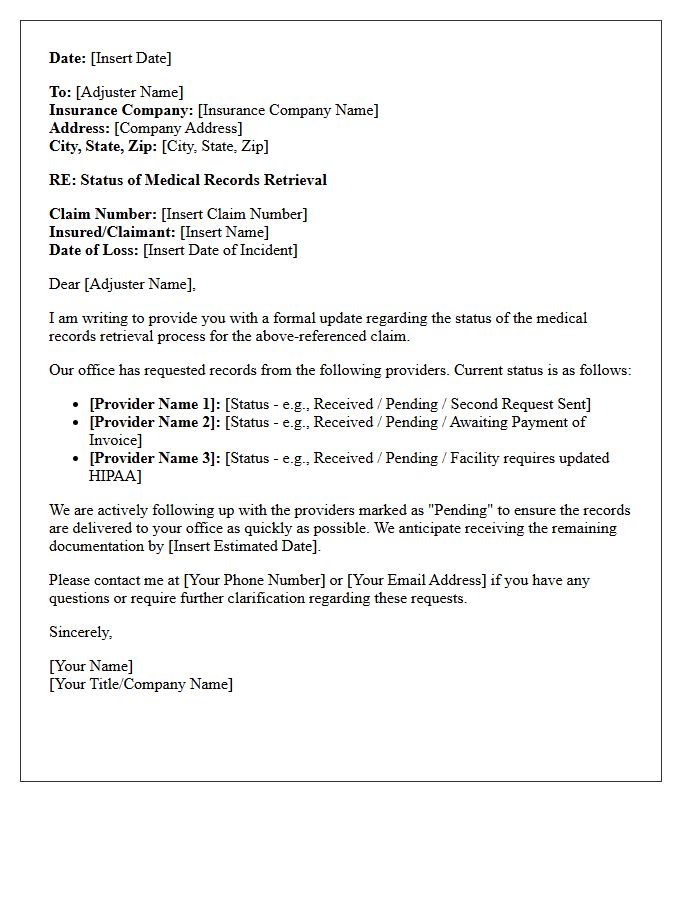 Insurance Adjuster Medical Records Retrieval Status Letter