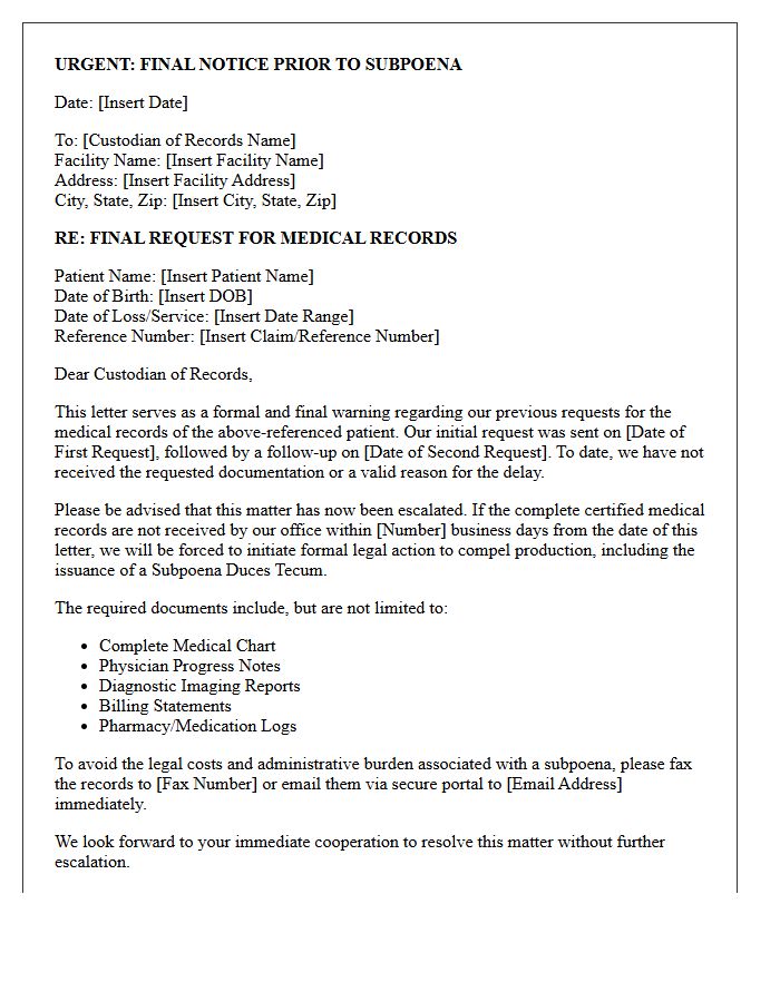 Escalated Subpoena Warning Medical Records Retrieval Status Letter