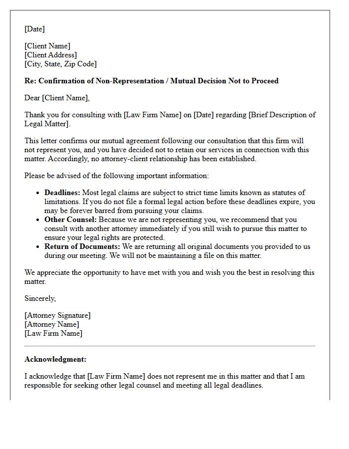 Mutual Agreement to Decline Representation Post-Consultation Letter