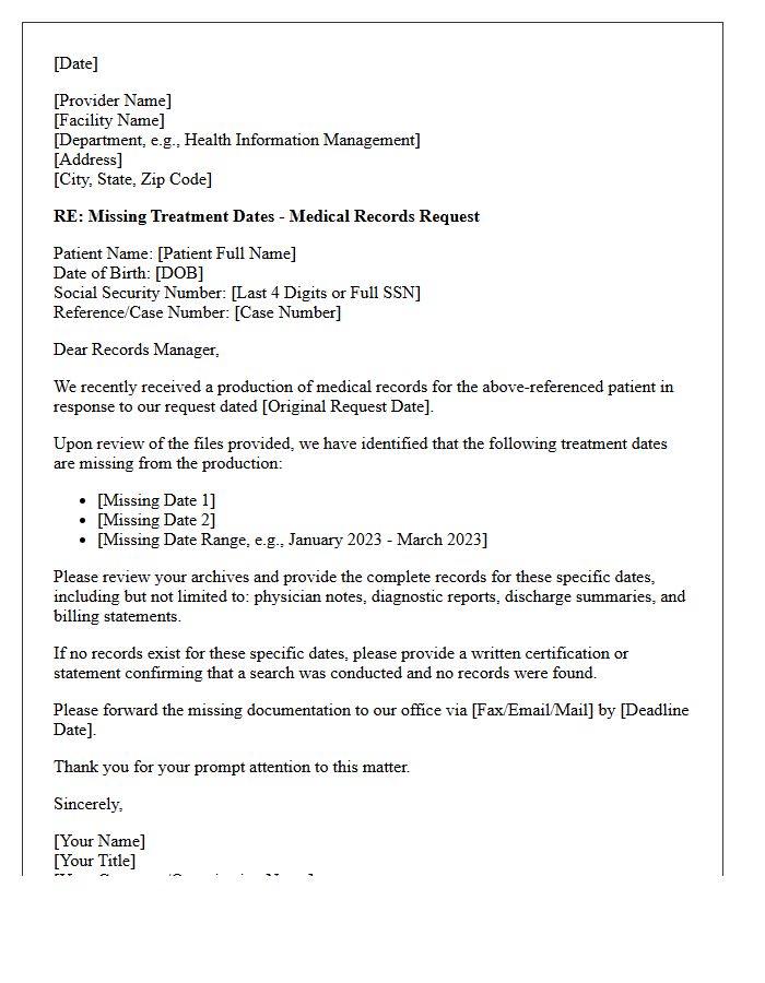 Missing Treatment Dates Medical Records Retrieval Status Letter