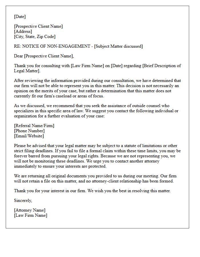 Post-Consultation Outside Counsel Referral Non-Engagement Letter