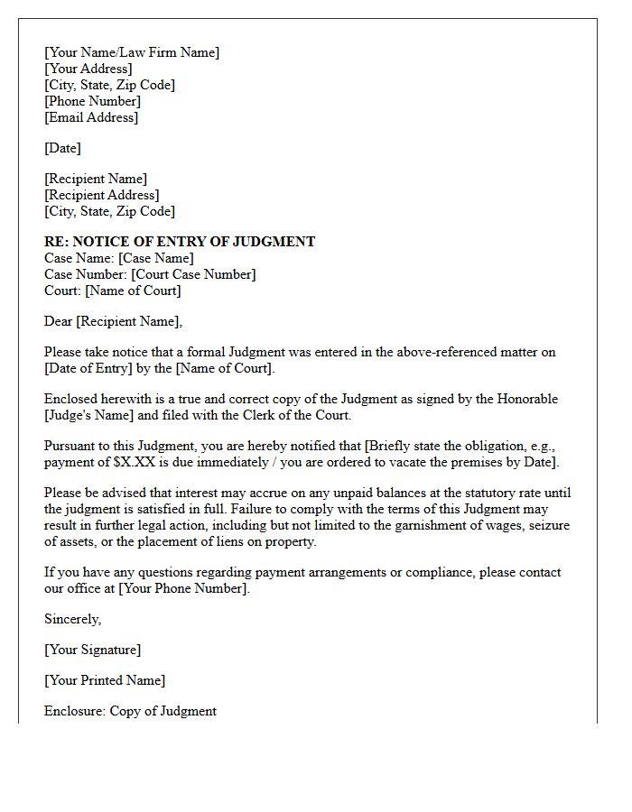Initial Notice of Judgment Entry Letter