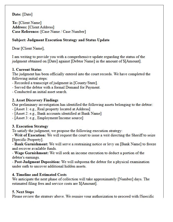 Judgment Execution Strategy and Status Letter