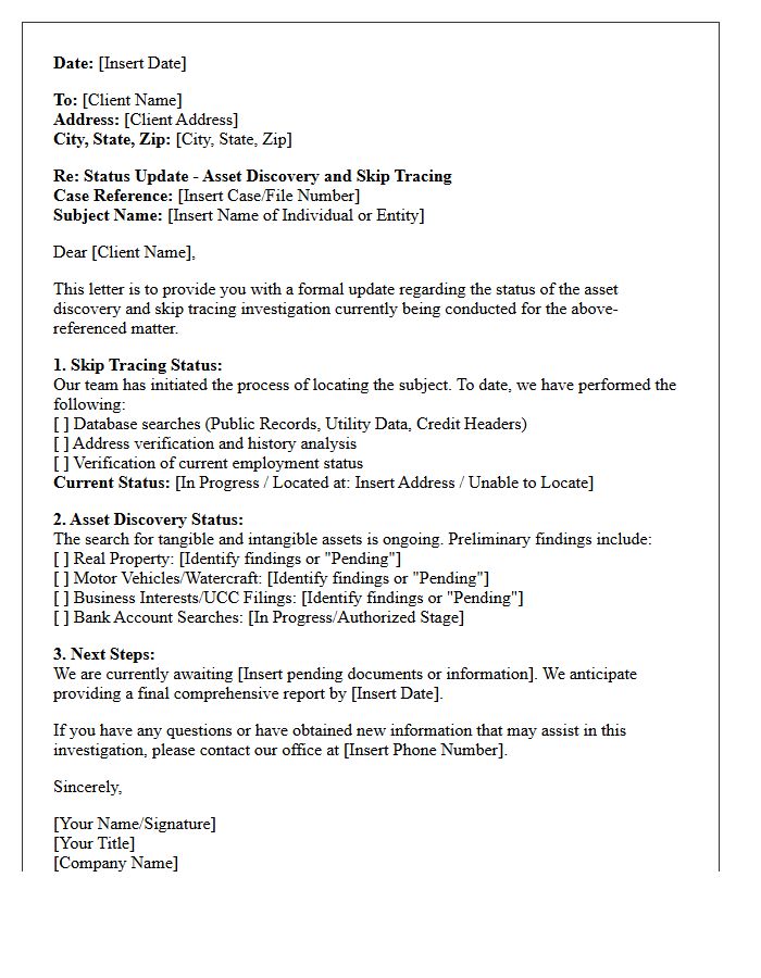 Asset Discovery and Skip Tracing Status Letter