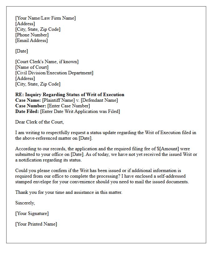 Writ of Execution Filing Status Letter