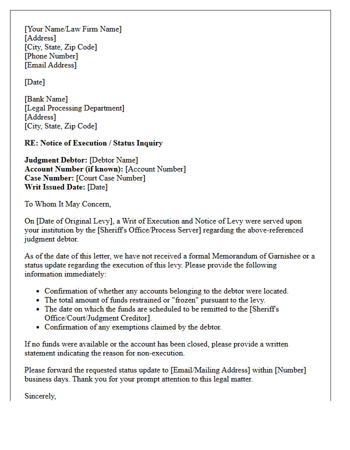 Bank Levy Execution Status Letter