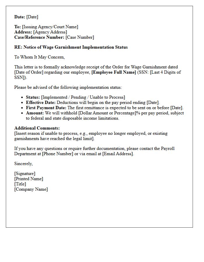 Wage Garnishment Implementation Status Letter