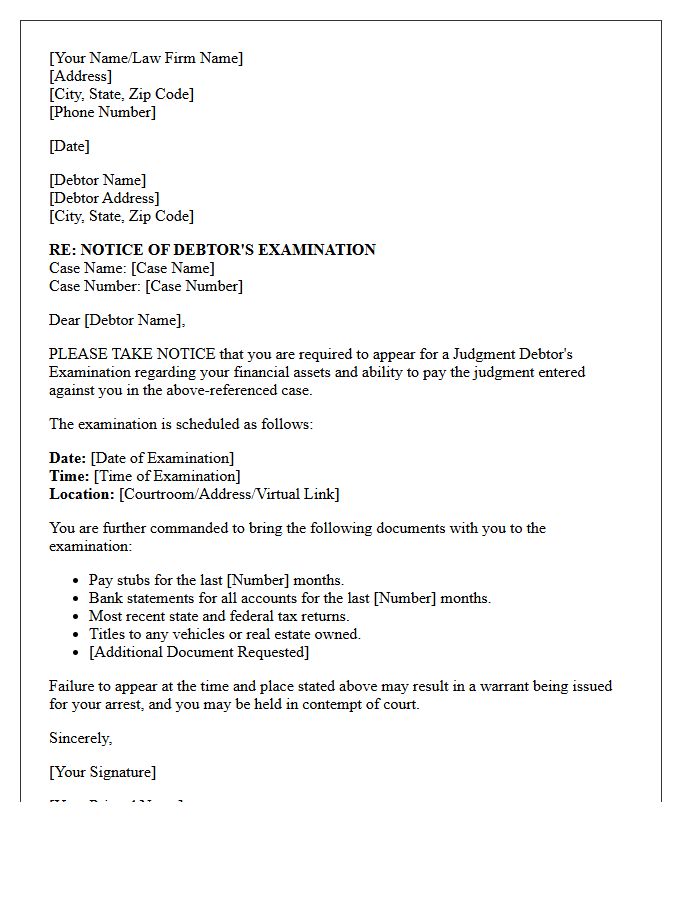 Debtor Examination Scheduled Notice Letter