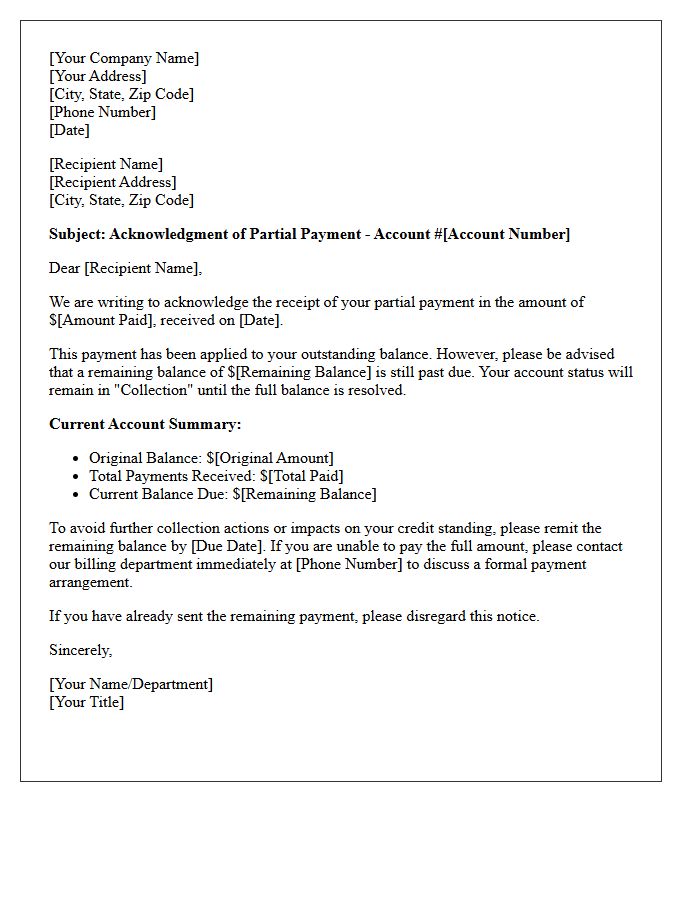 Partial Payment Collection Status Letter