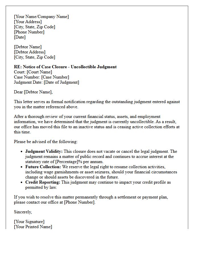 Uncollectible Judgment Closure Status Letter