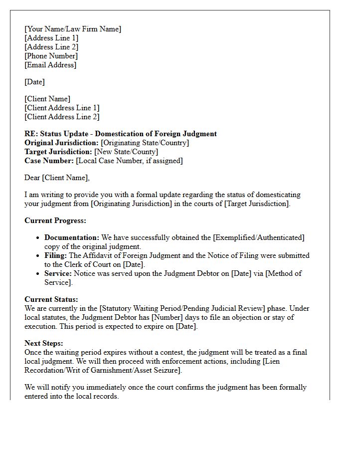 Foreign Judgment Domestication Status Letter