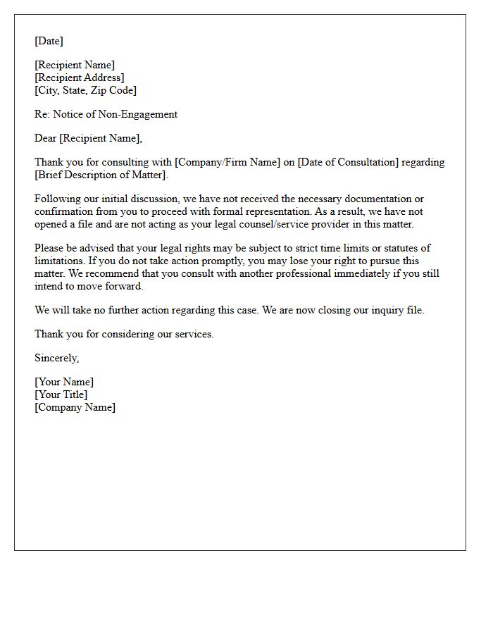Unresponsive Prospective Client Post-Consultation Non-Engagement Letter