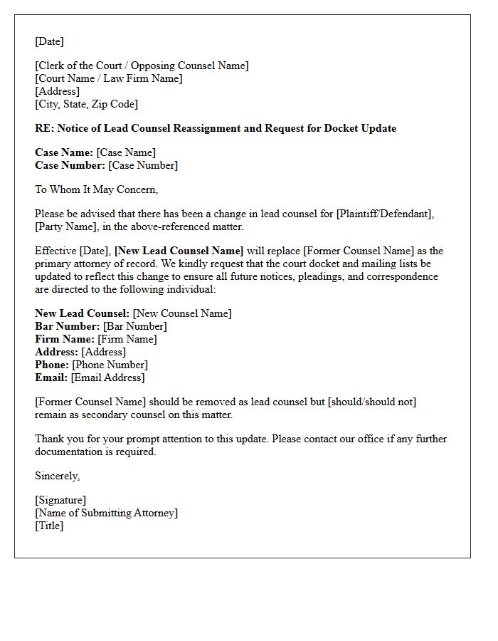 Lead Counsel Reassignment and Docket Update Letter