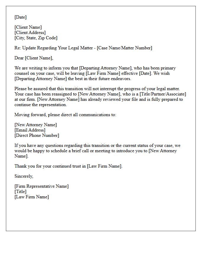 Departing Attorney Case Reassignment Update Letter