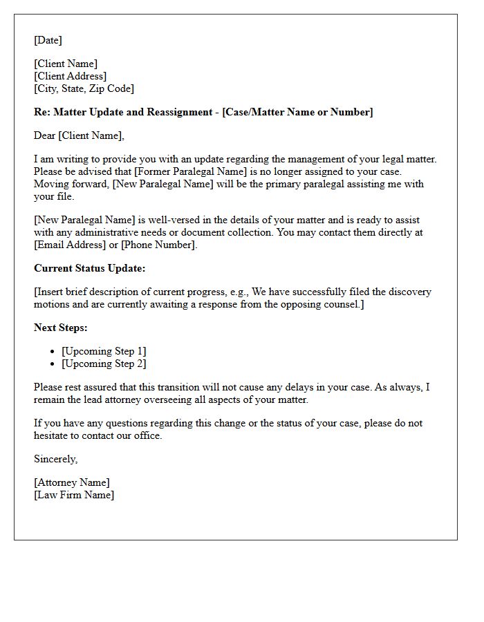 Paralegal Reassignment and Matter Update Letter
