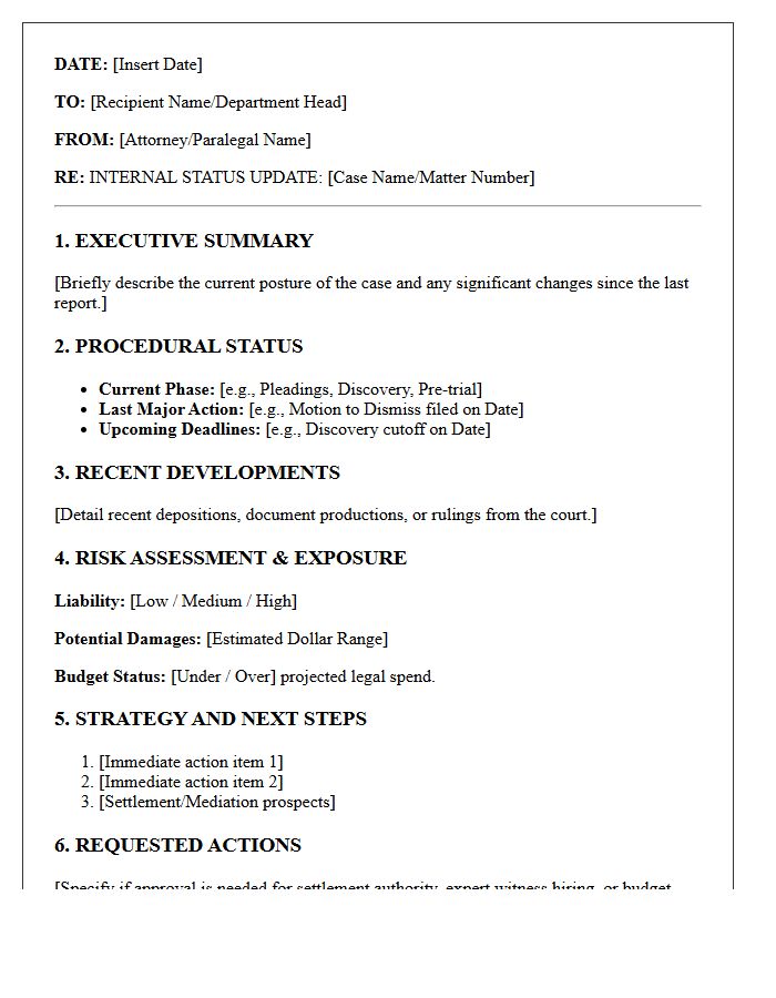 Litigation Department Internal Status Update Letter