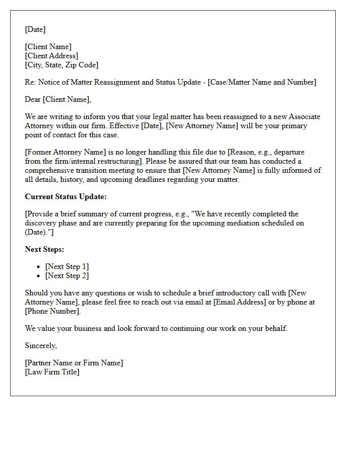 Associate Attorney Matter Reassignment and Status Letter