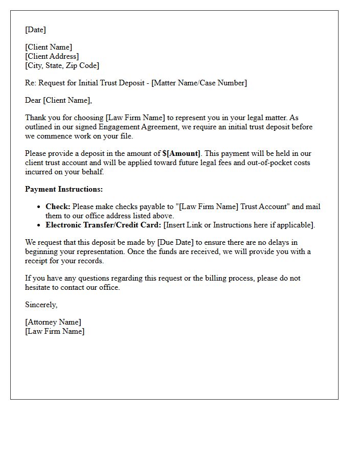 New Client Trust Deposit Request Letter