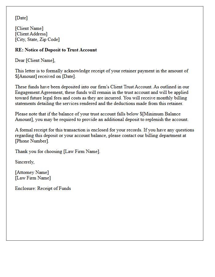 Trust Account Retainer Deposit Letter