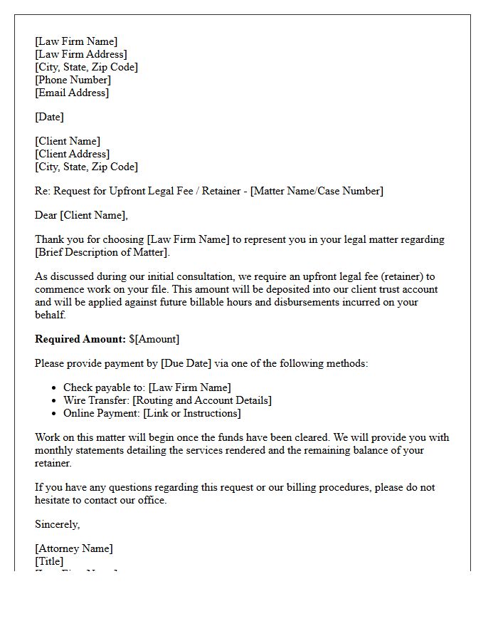Upfront Legal Fee Request Letter