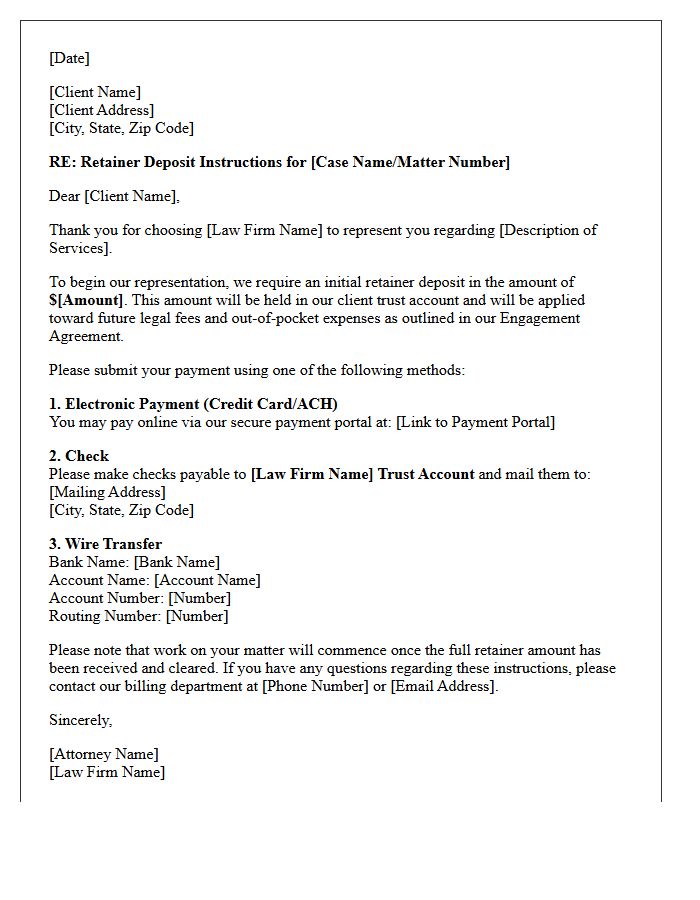 Firm Retainer Deposit Instruction Letter