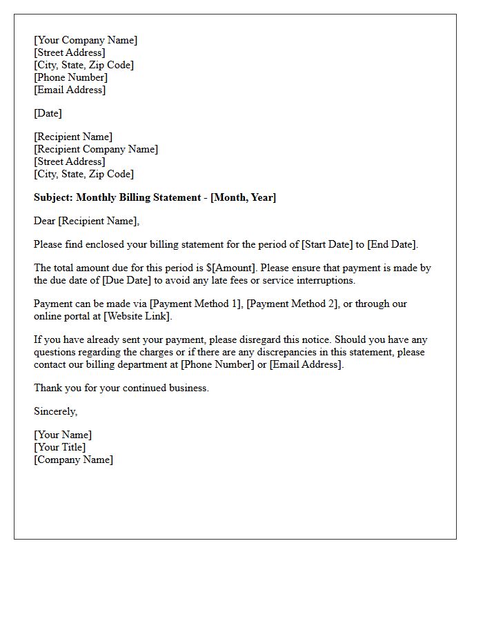 Standard Monthly Billing Statement Cover Letter