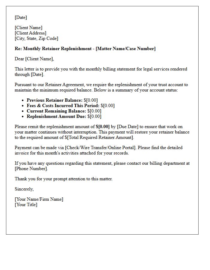 Retainer Replenishment Monthly Billing Letter