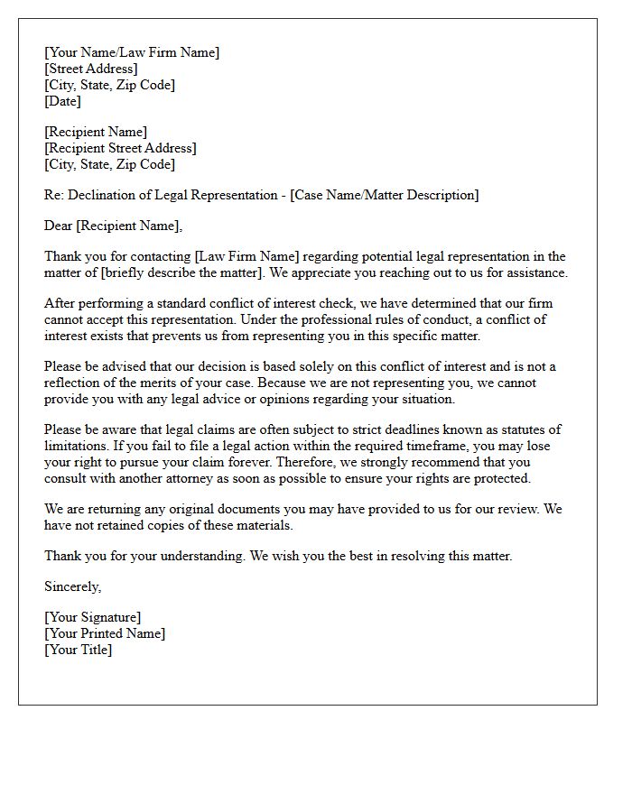 Legal Representation Declination Letter Due to Conflict of Interest