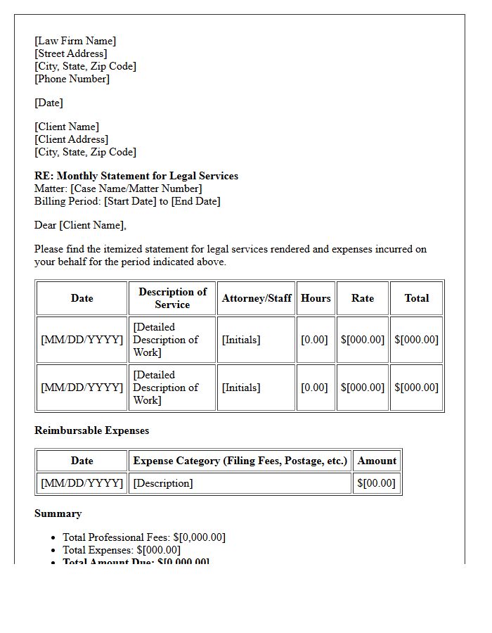 Itemized Legal Services Monthly Billing Letter