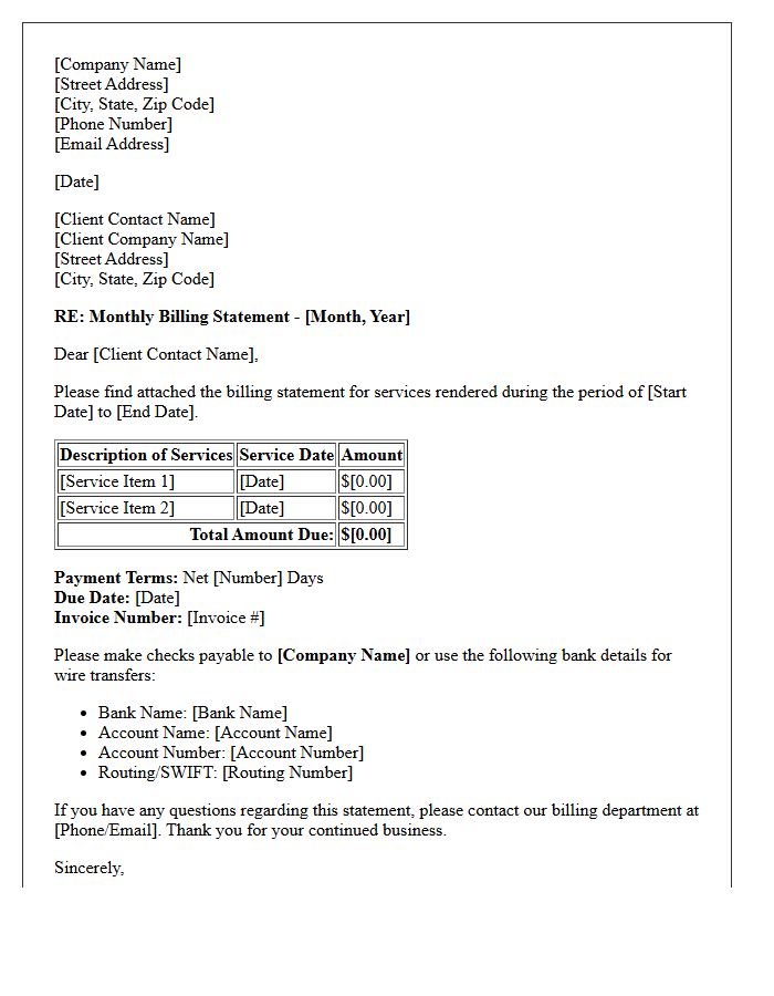 Corporate Client Monthly Billing Statement Letter