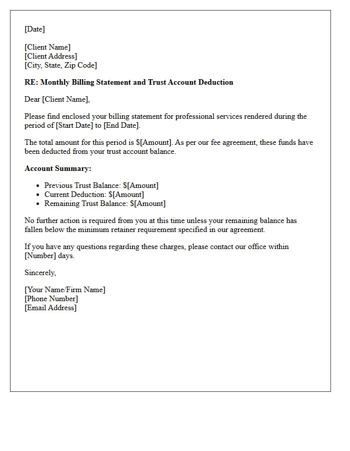 Trust Account Deduction Monthly Billing Letter