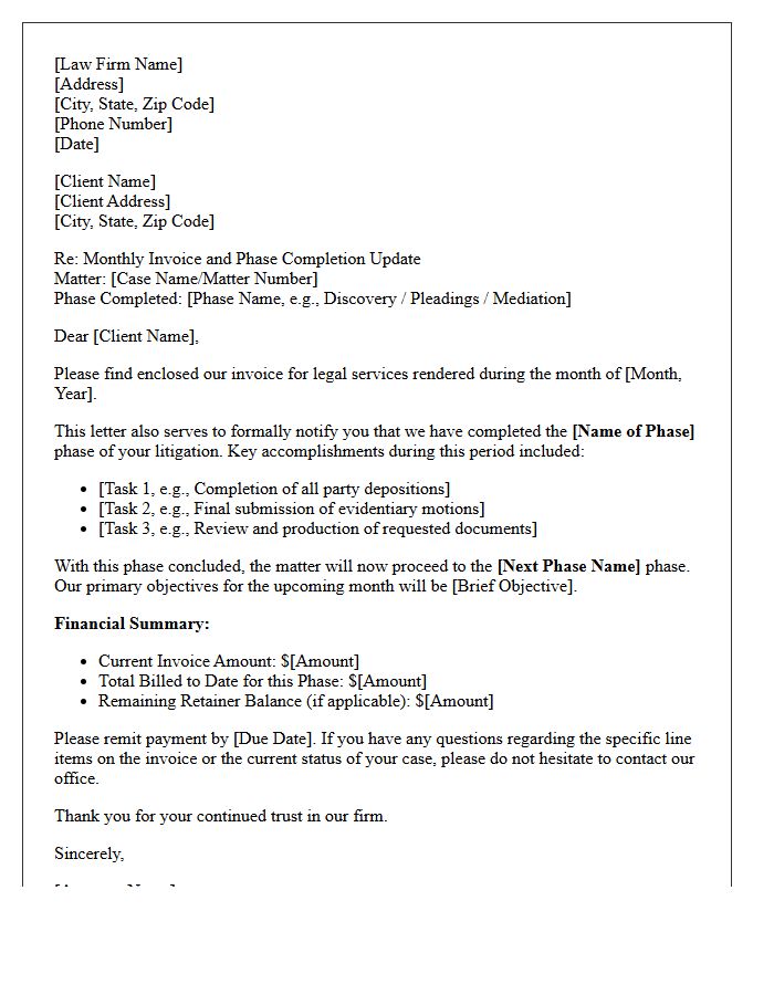 Litigation Phase Completion Monthly Billing Letter
