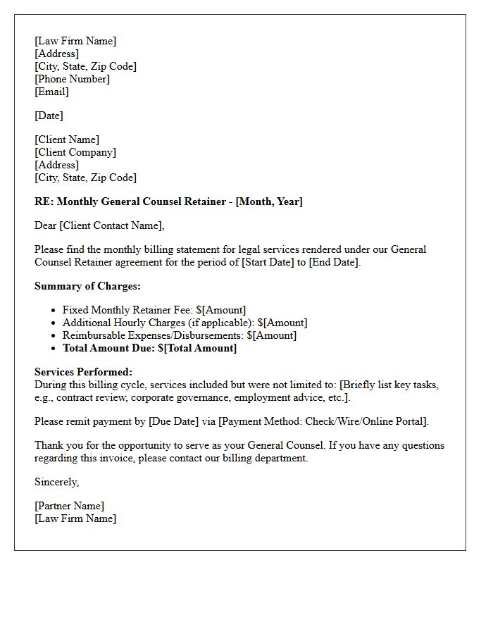 General Counsel Retainer Monthly Billing Letter