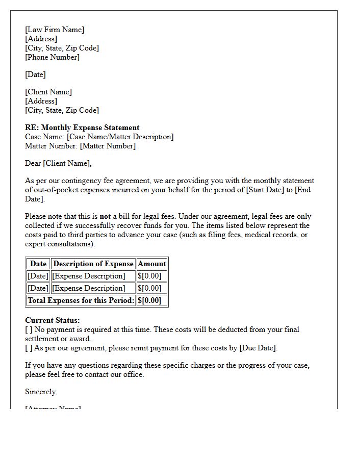 Contingency Fee Expense Monthly Billing Letter