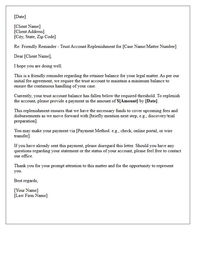 Friendly Reminder Trust Account Replenishment Letter