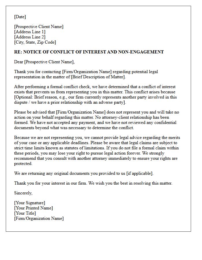 Notice of Conflict of Interest and Non-Engagement Letter