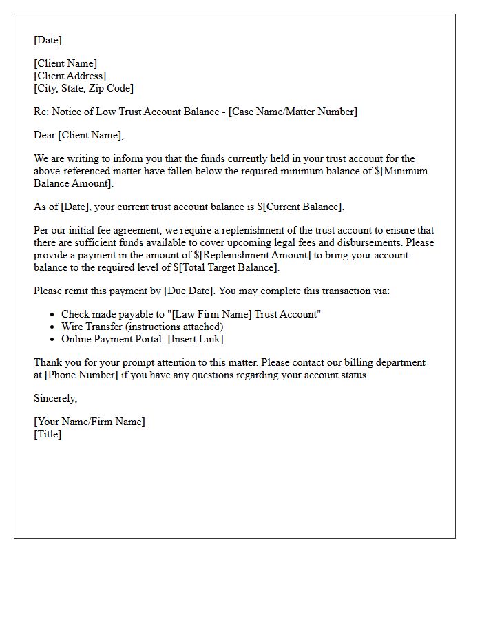 Low Balance Trust Account Replenishment Letter