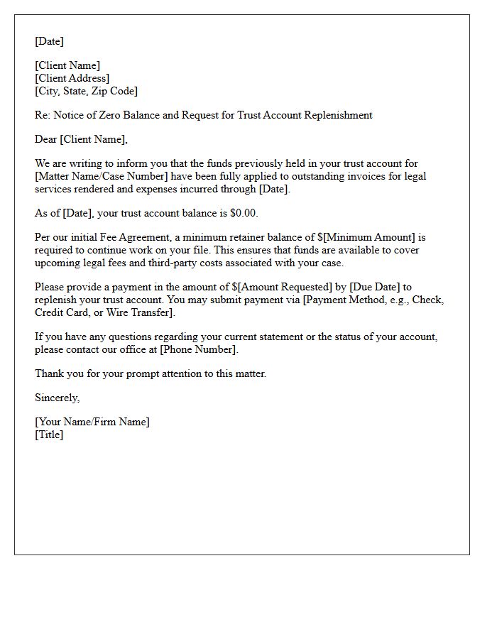 Zero Balance Trust Account Replenishment Letter