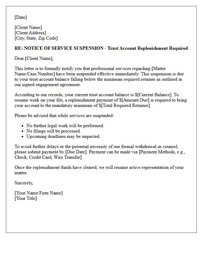 Service Suspension Trust Account Replenishment Letter